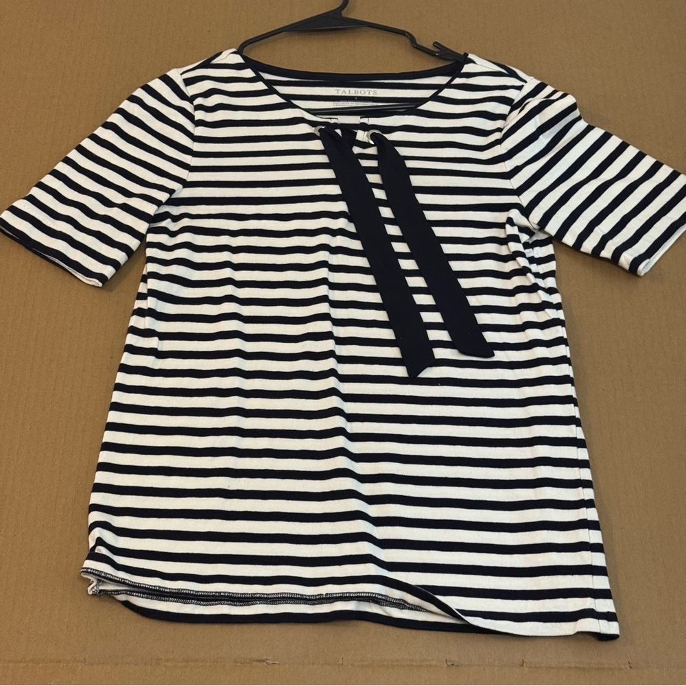 Talbots Black and White Striped Short Sleeve Top